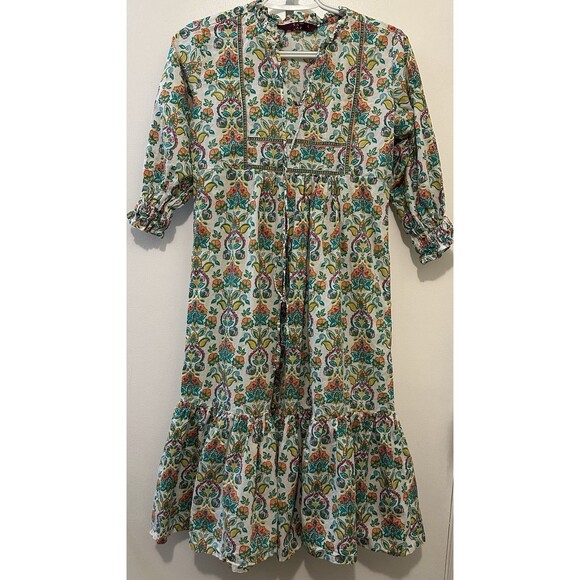 SAKI 100% Cotton Boho Floral Peasant Dress Women’s Small Cottagecore Tiered Midi - Picture 2 of 9